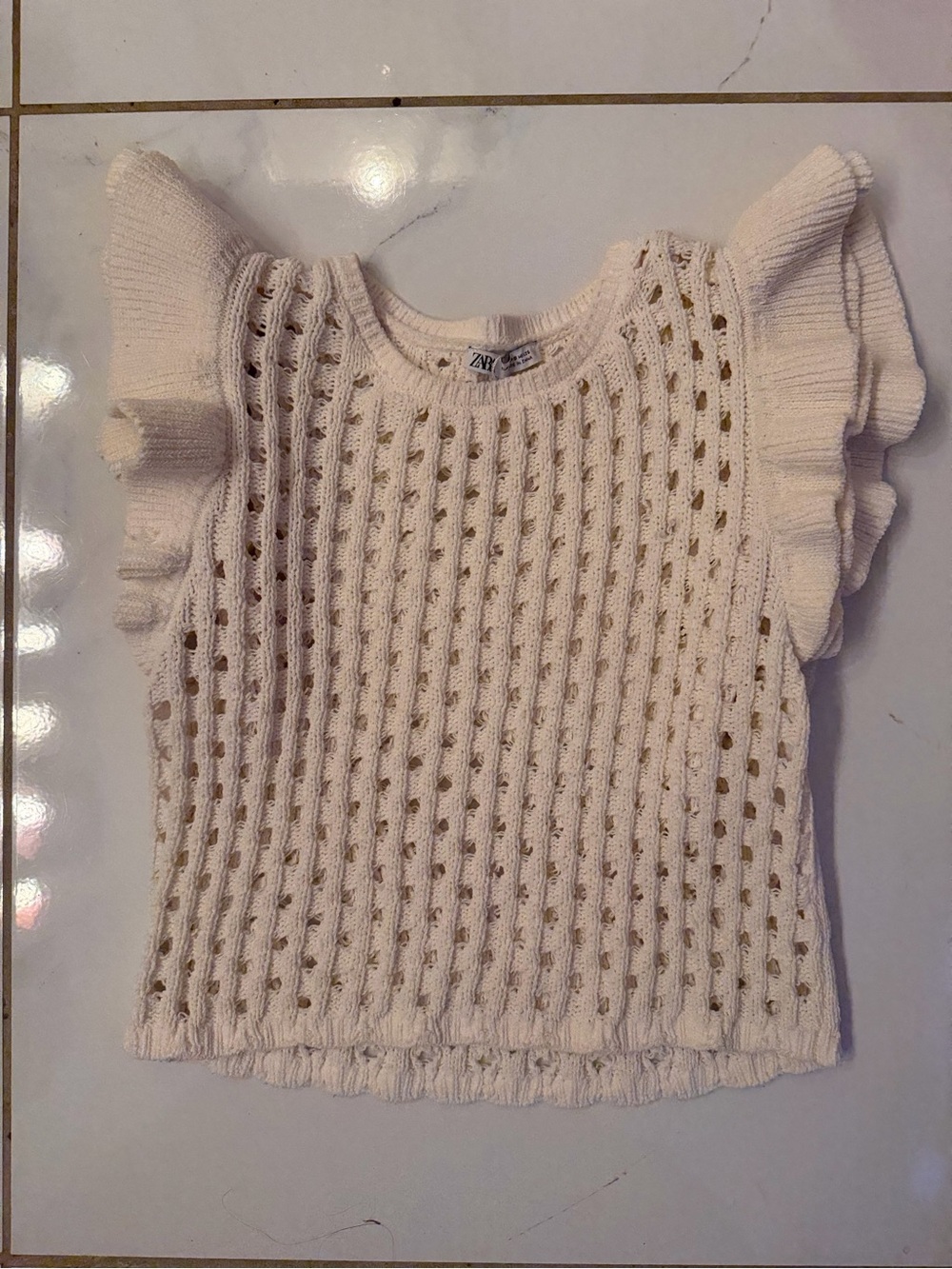 ZARA Cream Openwork Knit Top with Ruffle Sleeves